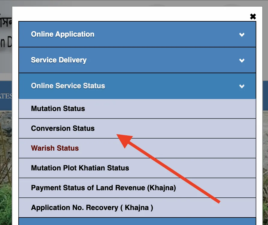Conversion Status option under Online Service Status on BanglarBhumi