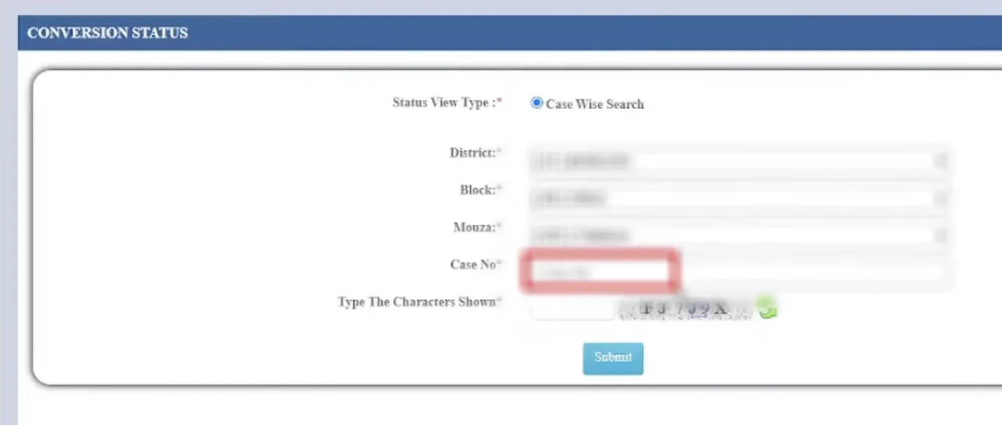 BanglarBhumi conversion status search form with plot and Khatian options