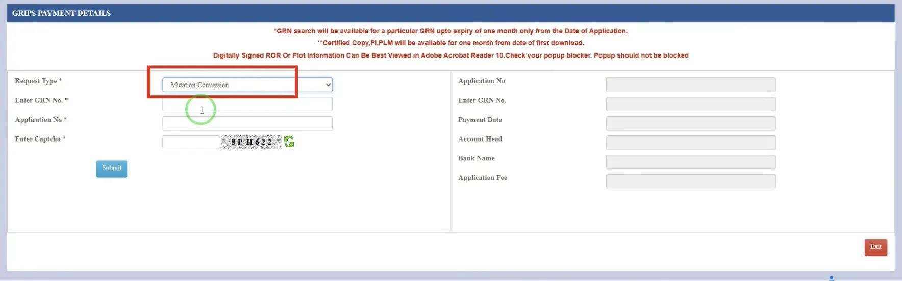 BanglarBhumi GRN Search form showing Application Number and GRN Number fields