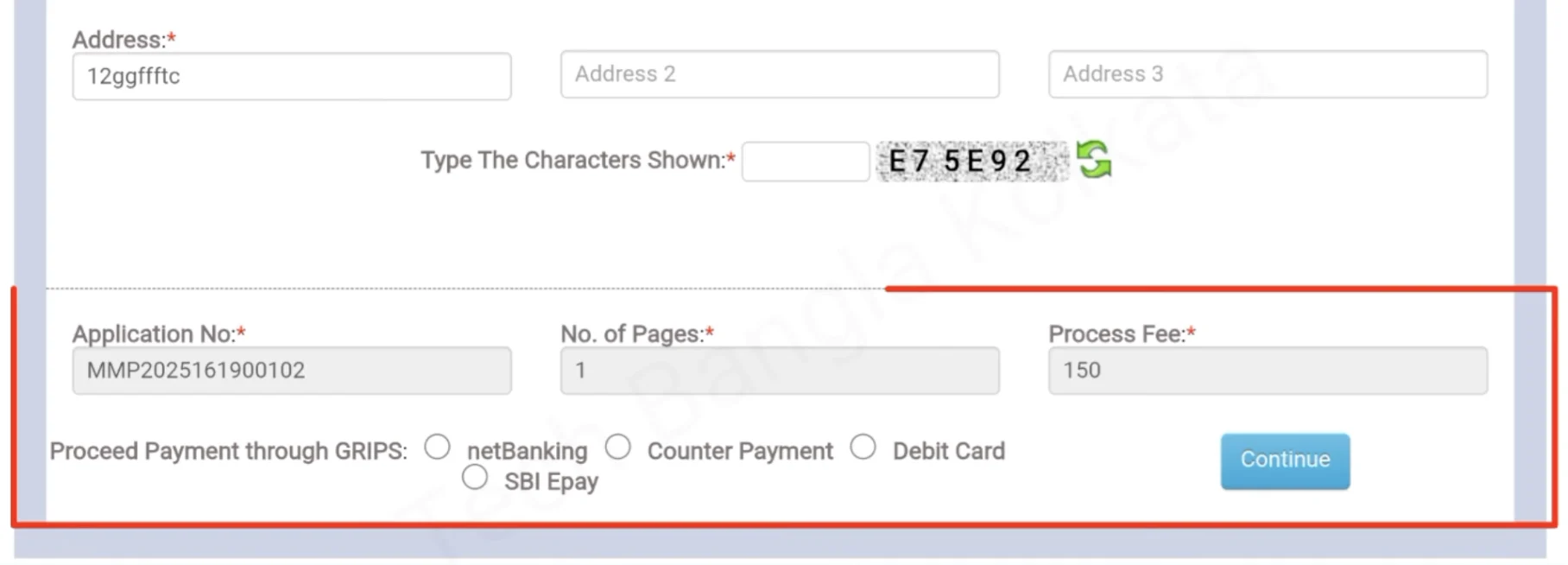 Mouza Map fee payment of Rs 150 on BanglarBhumi GRIPS gateway