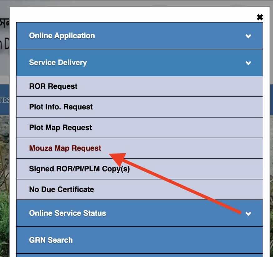 Mouza Map Request option under Service Delivery on BanglarBhumi